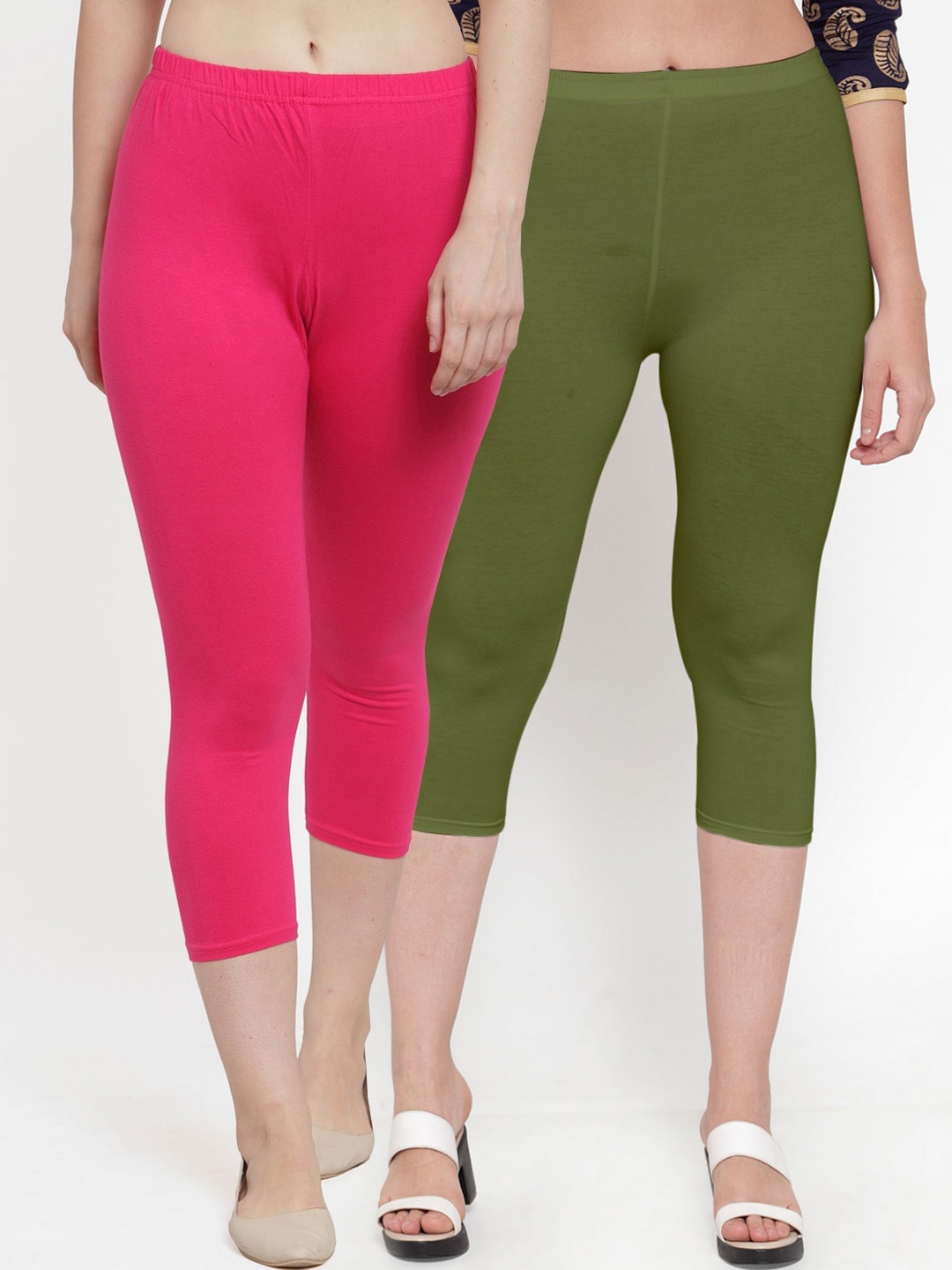 

Jinfo Women Set Of 2 Pink & Olive Green Solid Cotton Capris