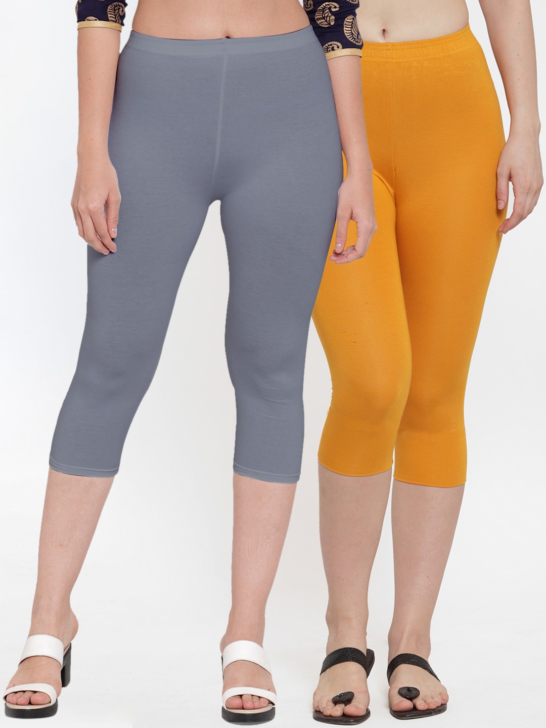 

Jinfo Women Pack of 2 Grey & Mustard Solid Capris
