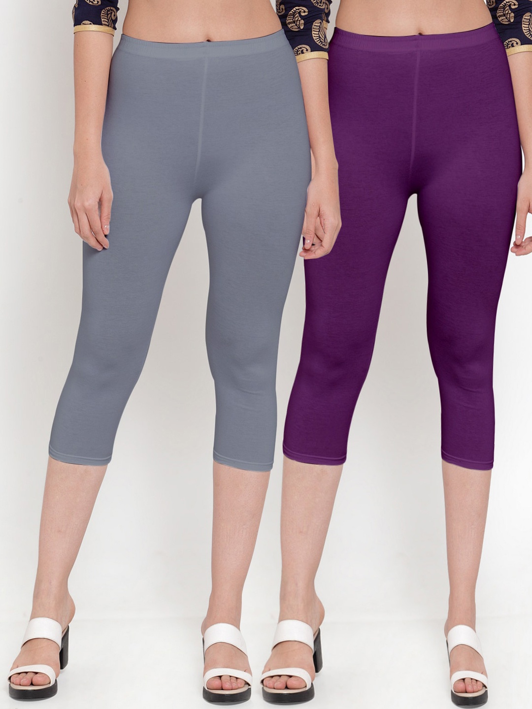 

Jinfo Women Pack of 2 Soild Grey & Purple Capris