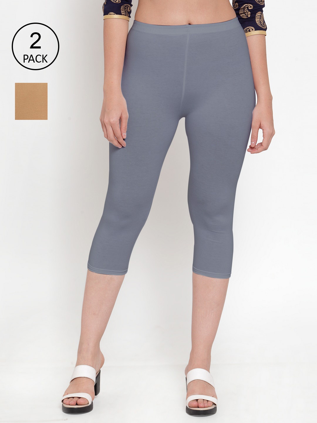 

Jinfo Women Pack of 2 Grey & Nude-Coloured Capris