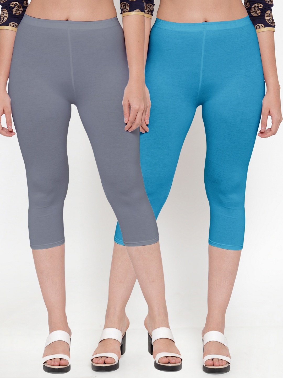 

Jinfo Women Pack of 2 Grey & Blue Solid Capris