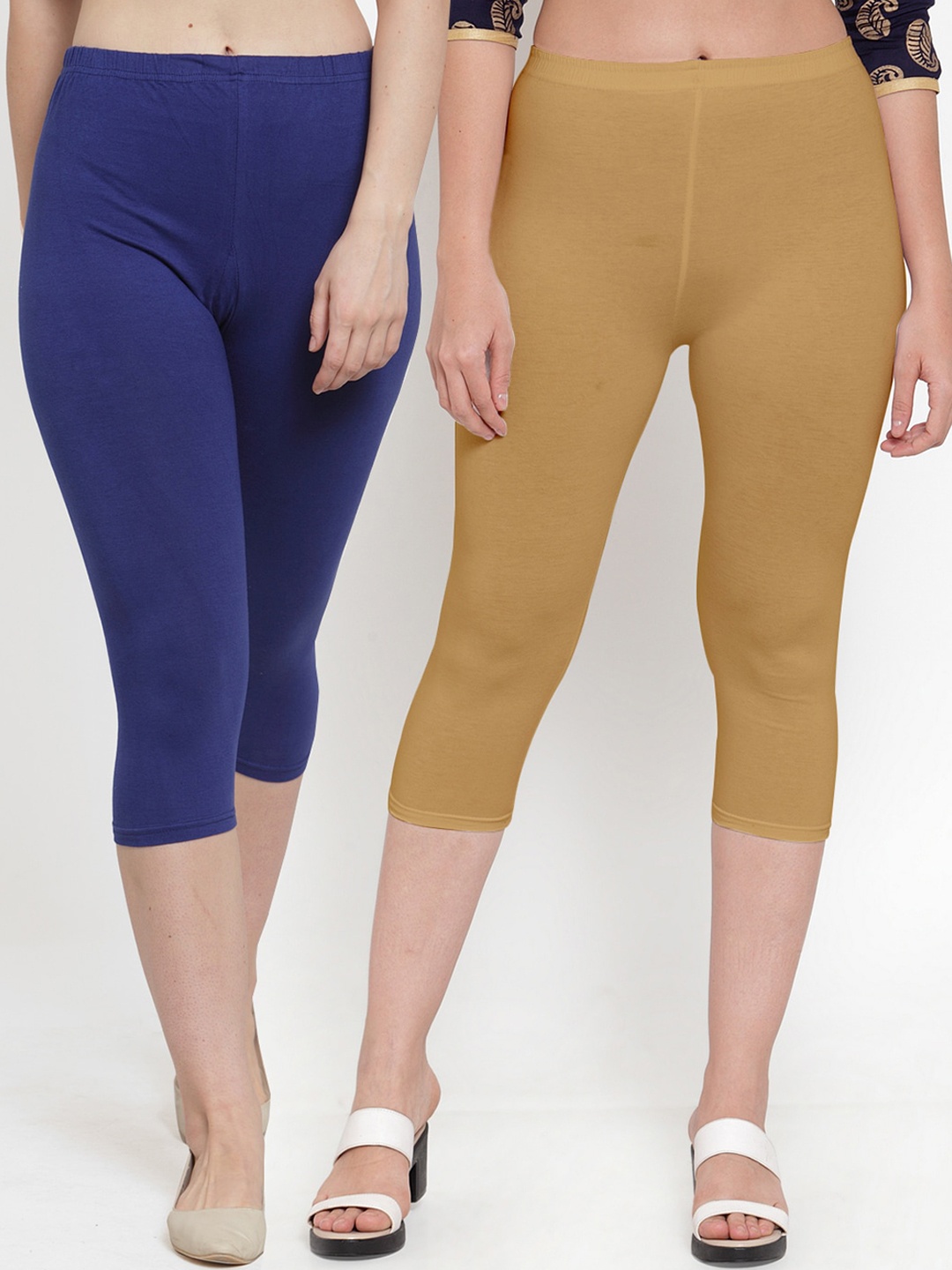 

Jinfo Women Pack Of 2 Blue & Beige Solid Capris