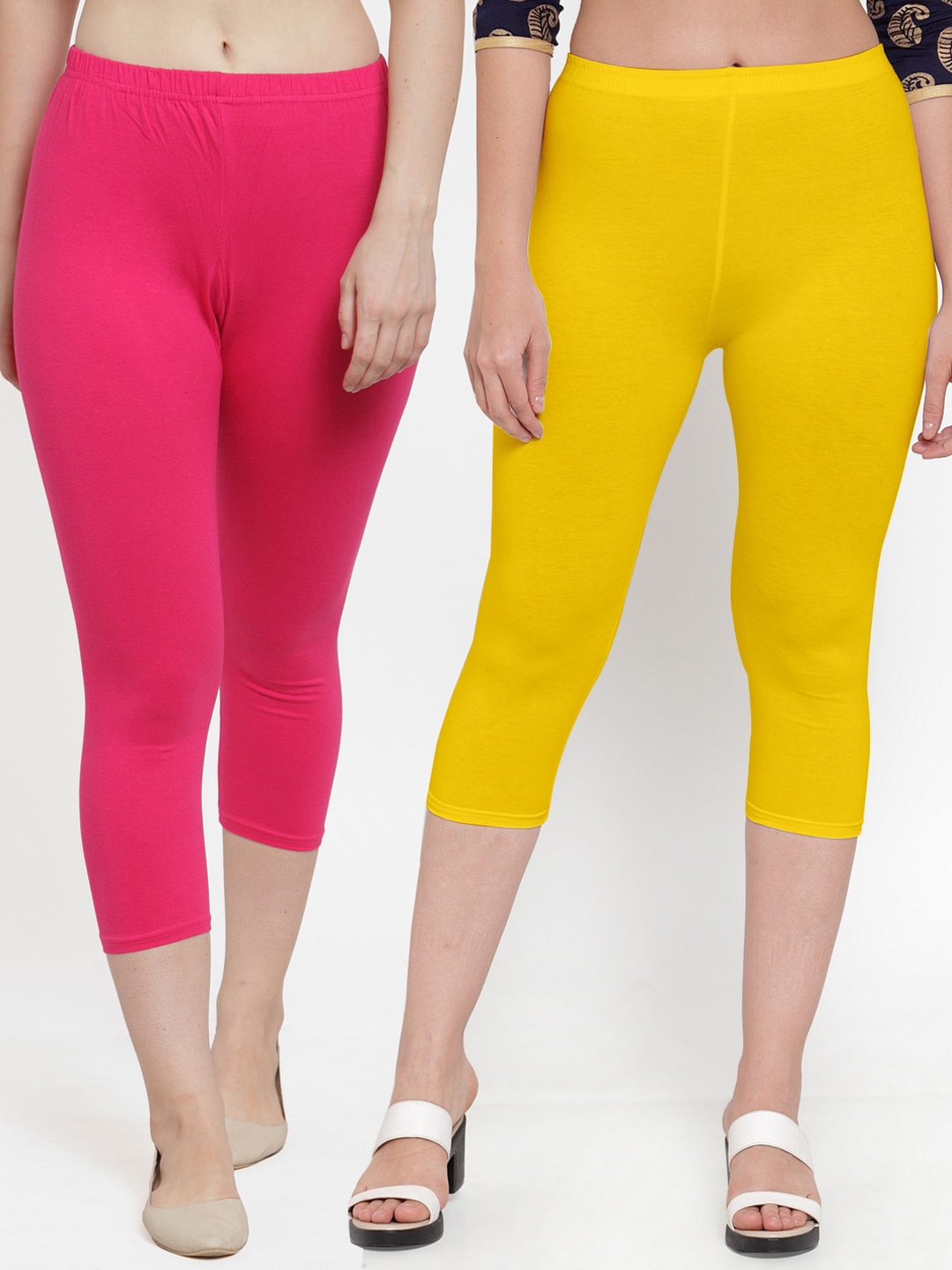 

Jinfo Women Yellow & Pink Pack Of 2 Capris