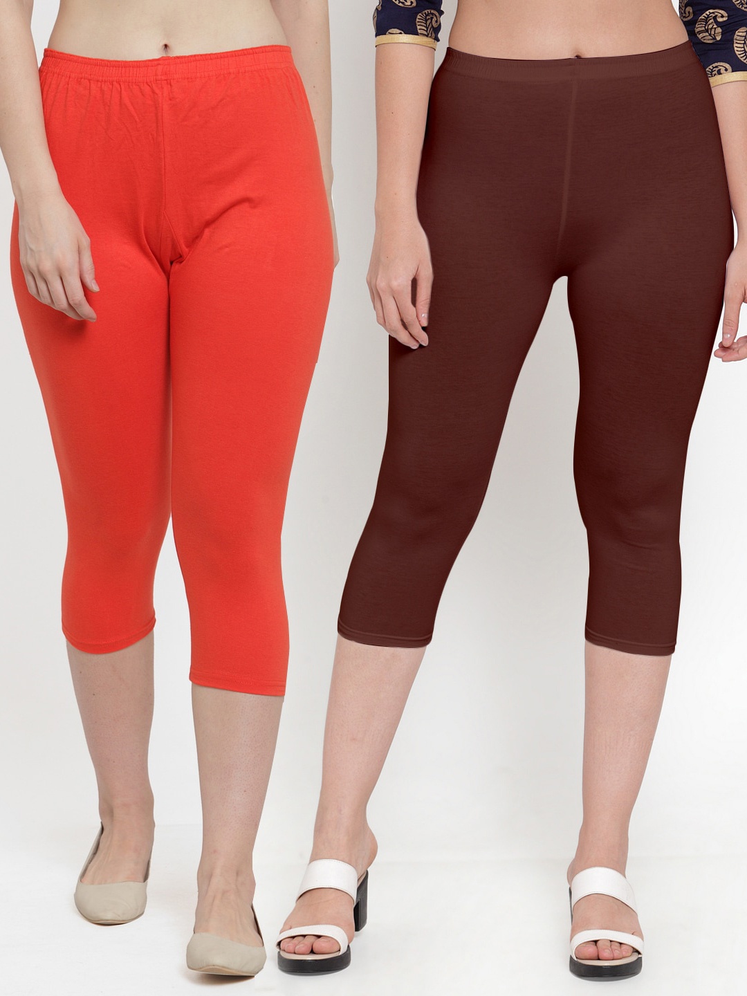 

Jinfo Women Pack of 2 Orange & Brown Solid Cotton Capris