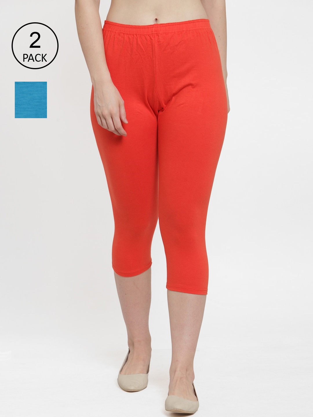 

Jinfo Women Pack of 2 Orange & Blue Cotton Lycra Capris