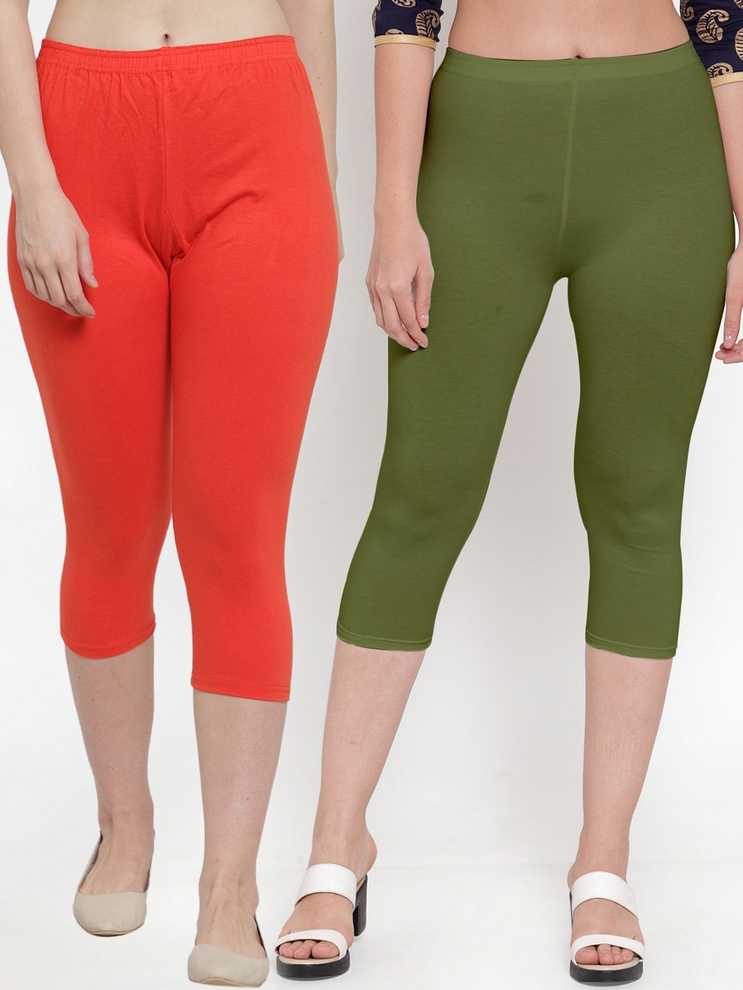 

Jinfo Women Pack of 2 Orange & Olive Green Solid Capris