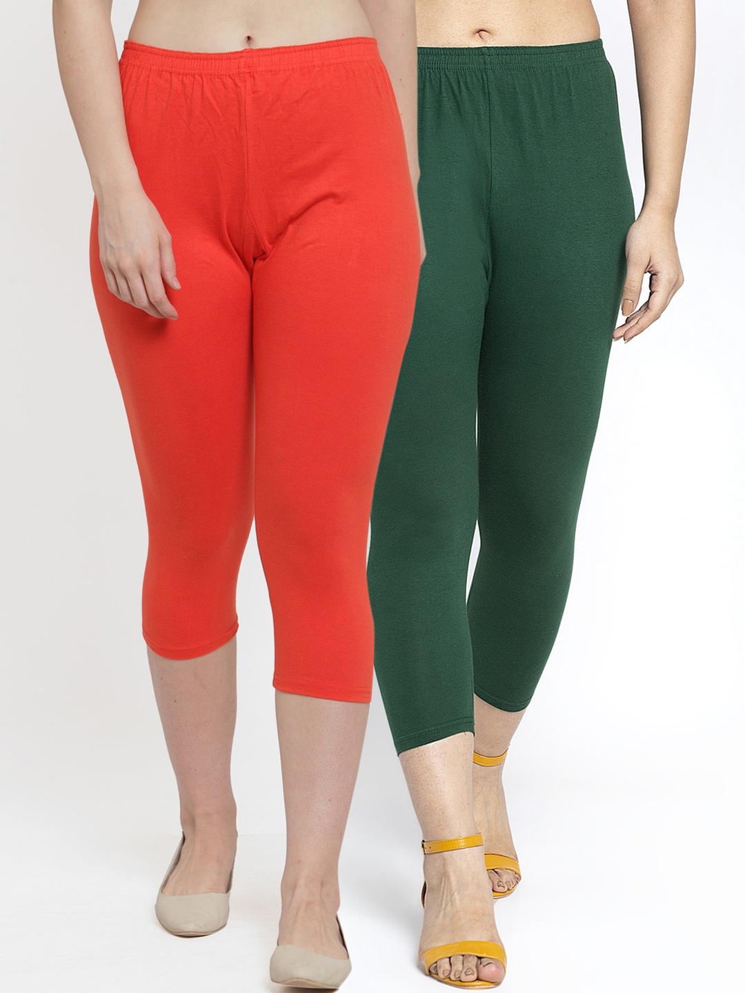 

Jinfo Women Set Of 2 Orange & Green Solid Capris