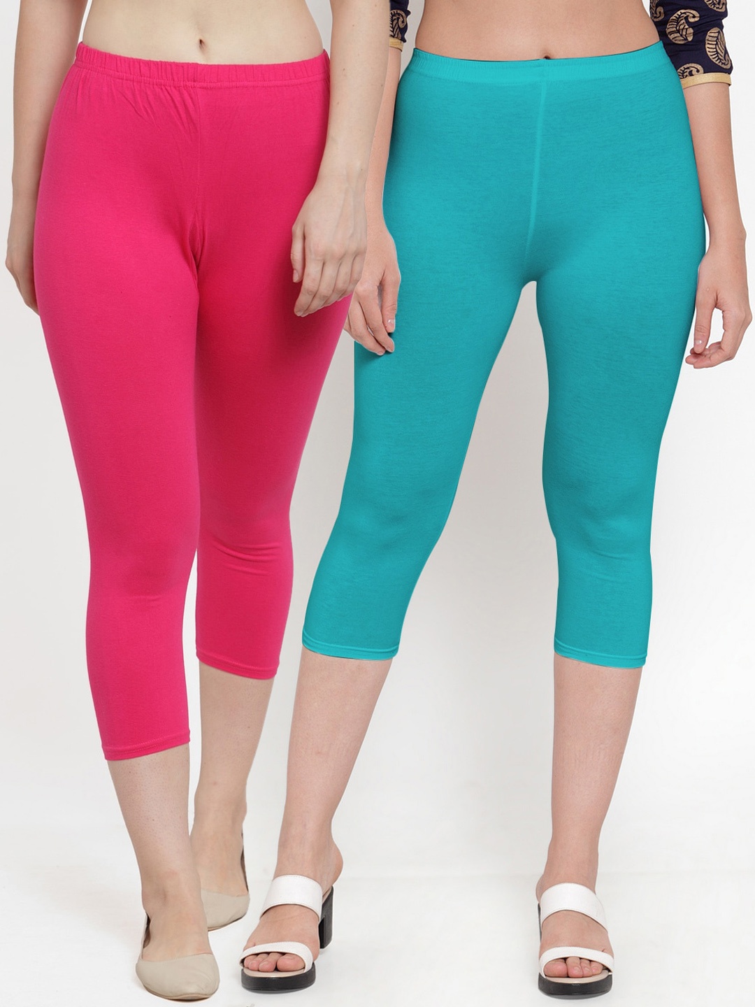 

Jinfo Women Pink & Turquoise Blue Pack Of 2 Blue Capris