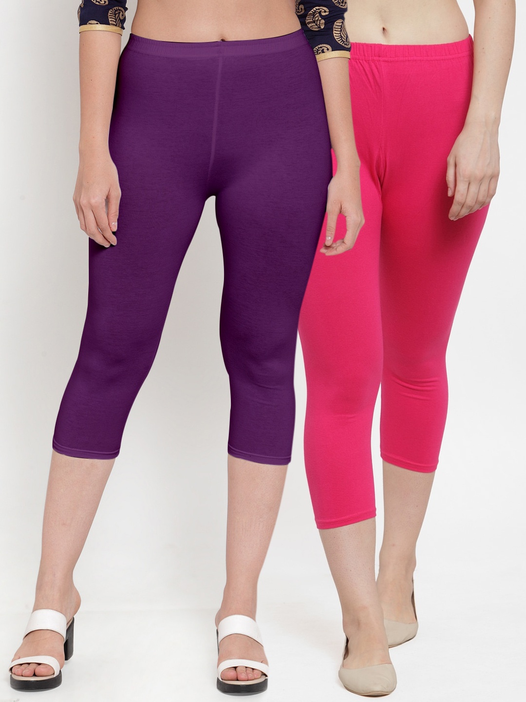 

Jinfo Women Pack of 2 Pink & Purple Cotton Lycra Capris