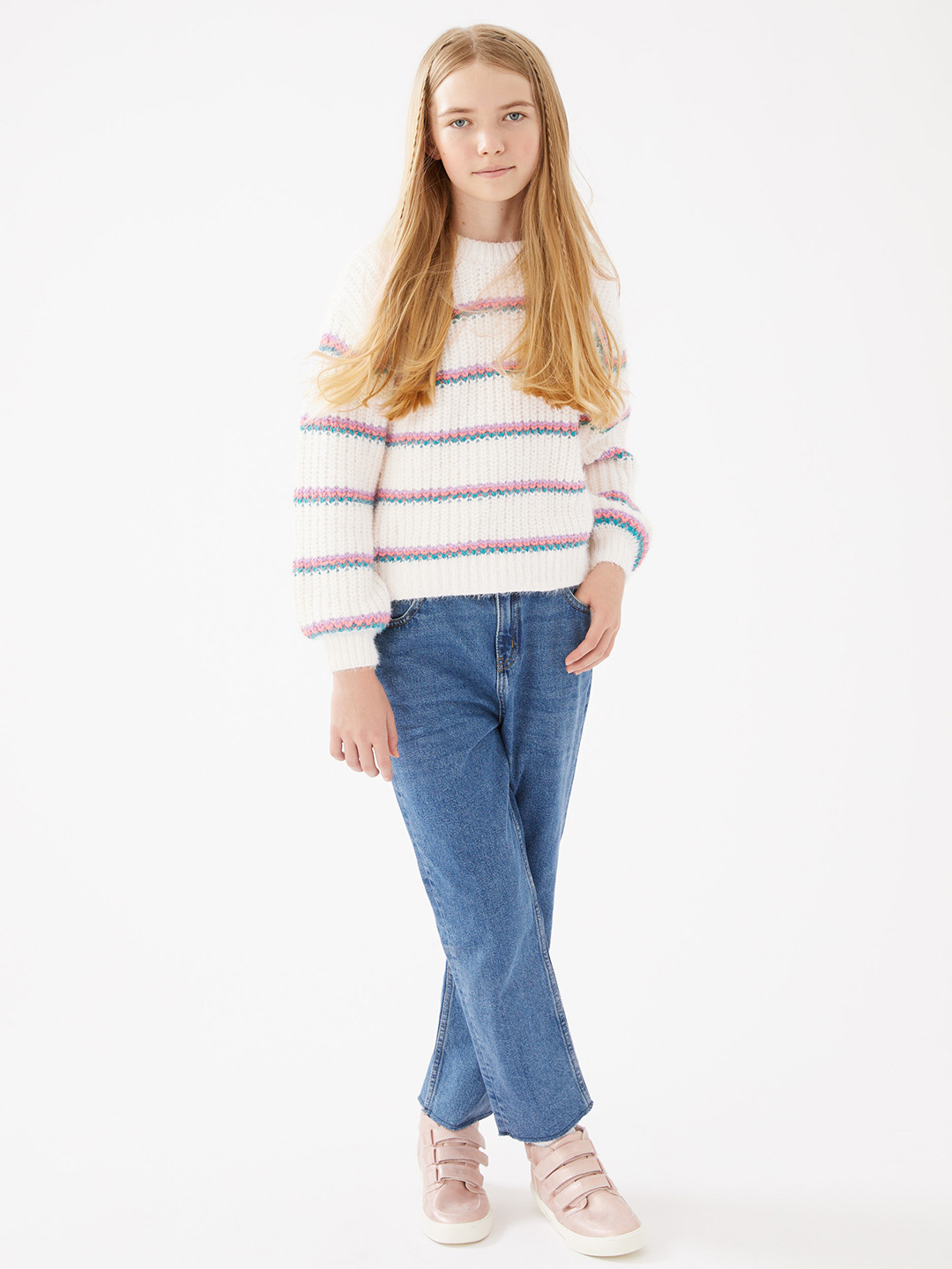 

Marks & Spencer Girls Cream & Blue Cotton Cable Knit Pullover