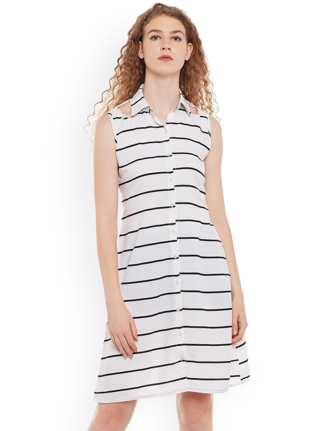 

Belle Fille Women White & Black Striped Shirt Dress