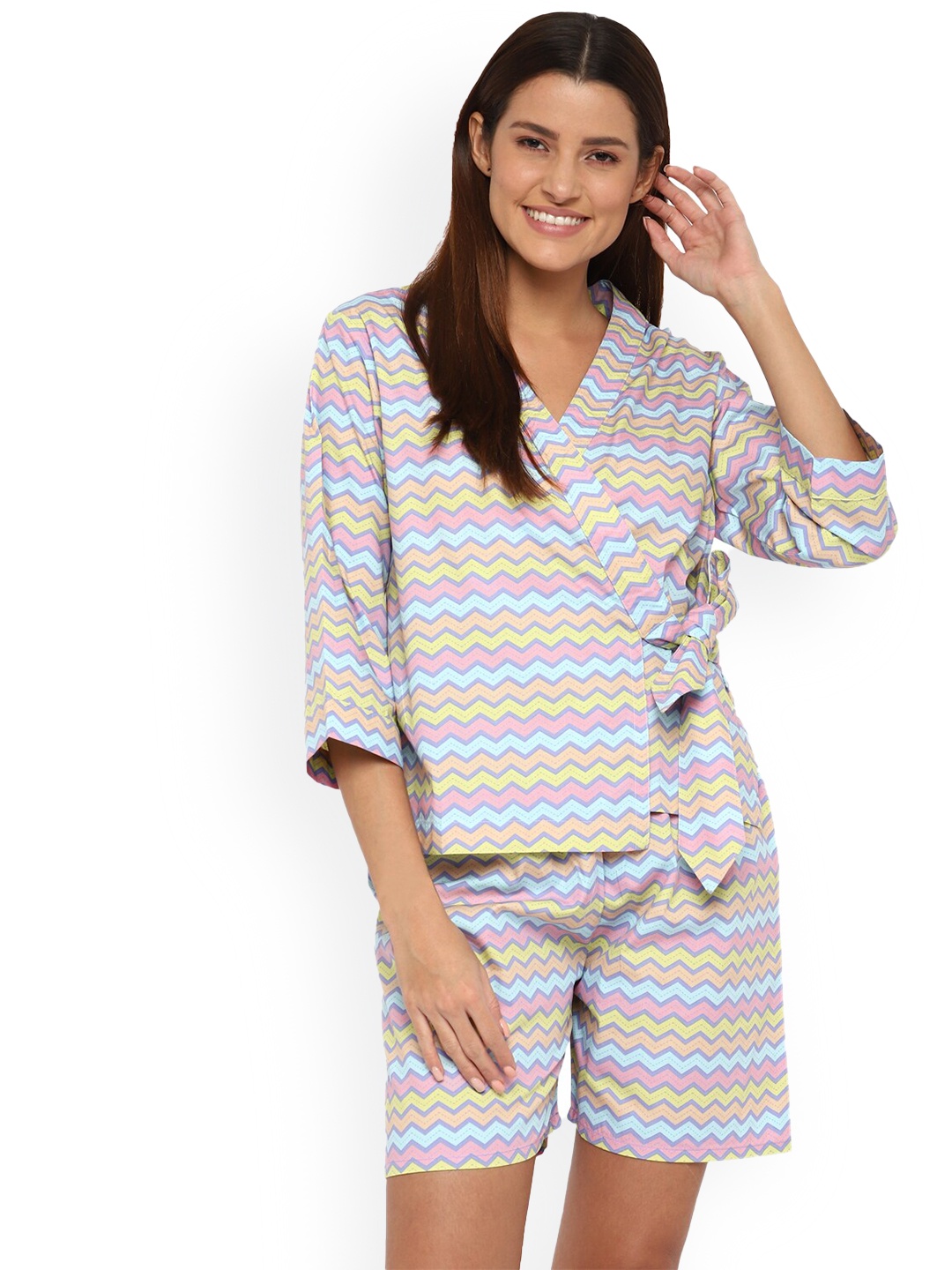 

shopbloom Women Purple Wave Printed Cotton Night Suit, Beige