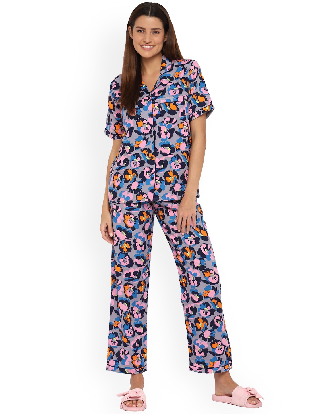 

shopbloom Women Purple & Blue Floral Printed Cotton Nightsuit