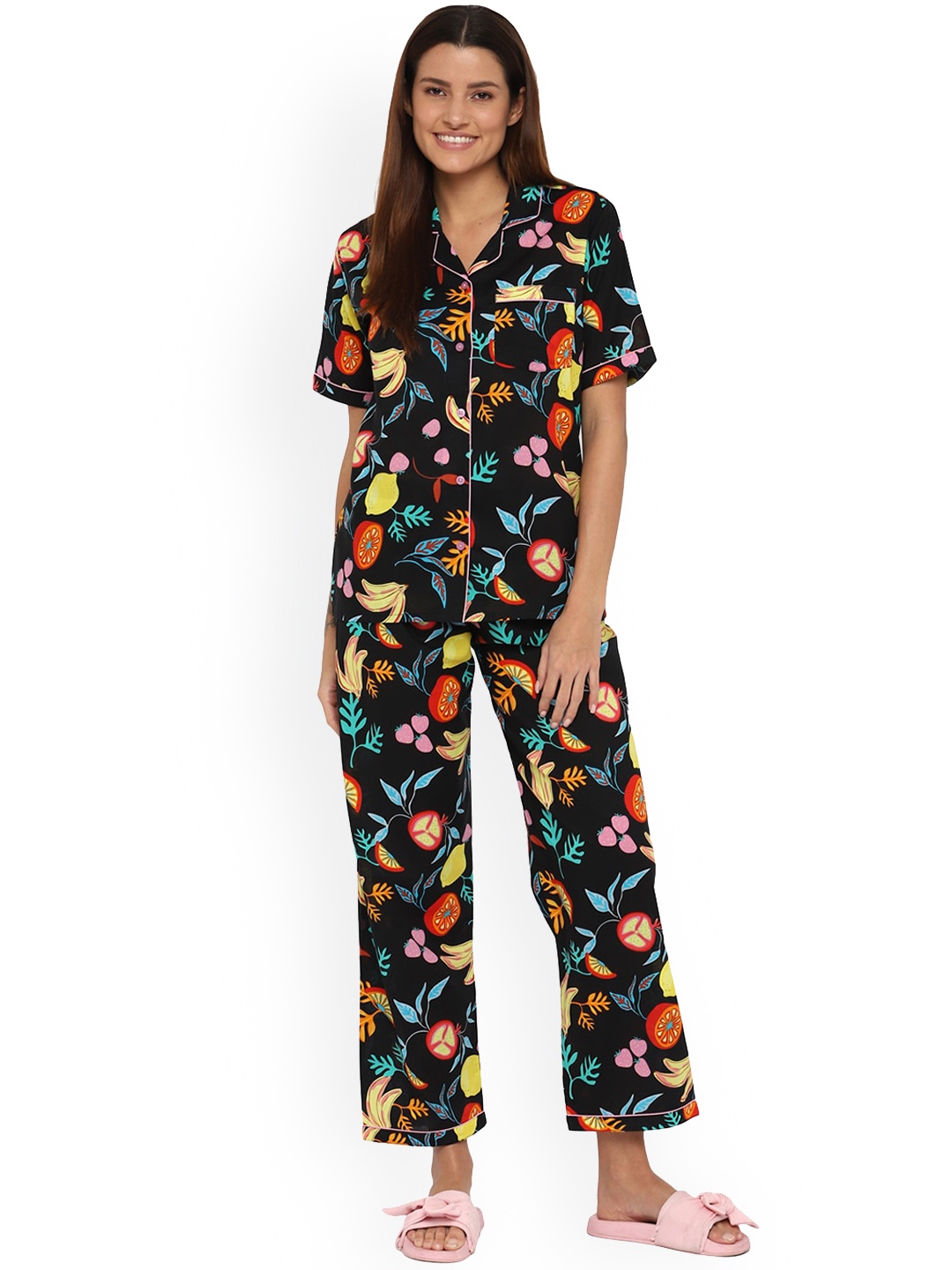

shopbloom Women Black & Yellow Printed Night suit