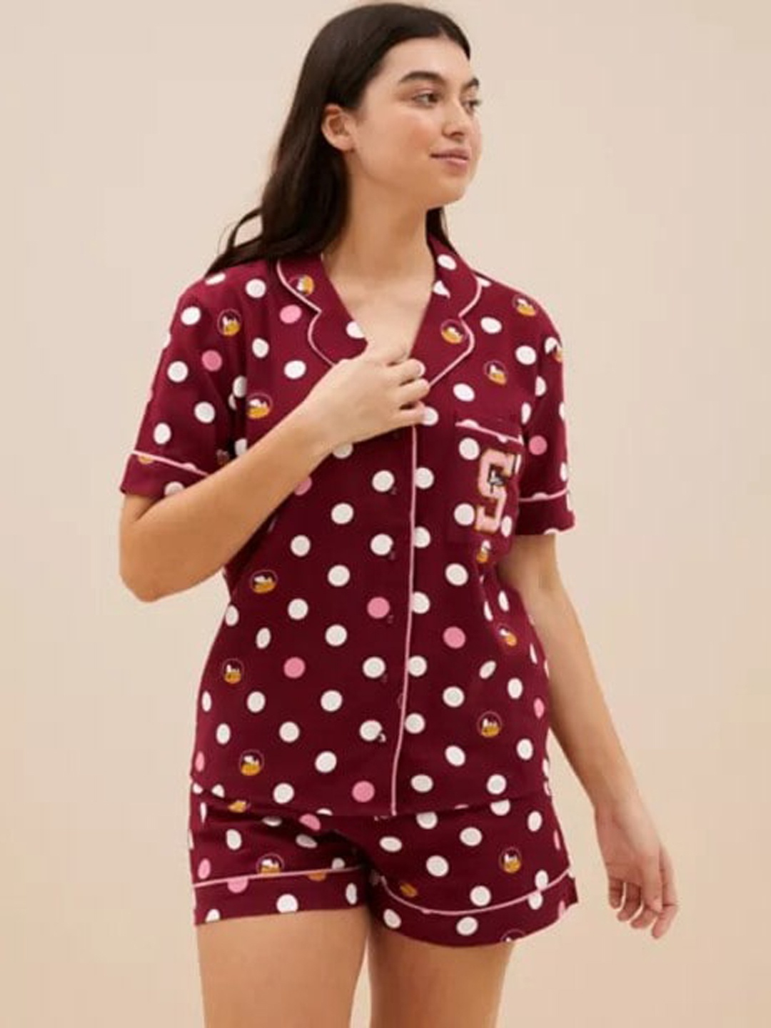 

Marks & Spencer Women Maroon & Off White Printed Night Suit