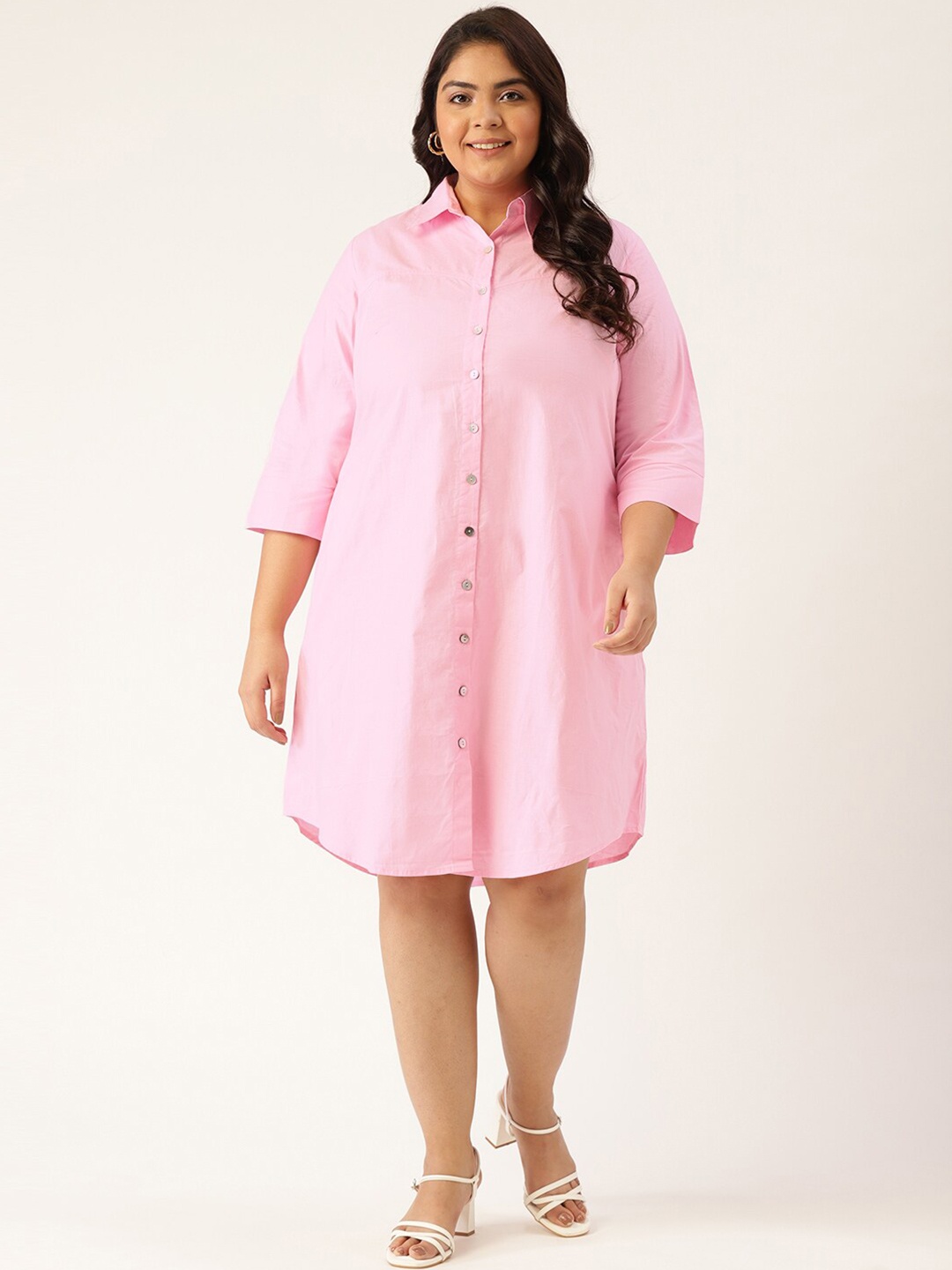 

theRebelinme Plus Size Women Pink Solid Pure Cotton Shirt Dress