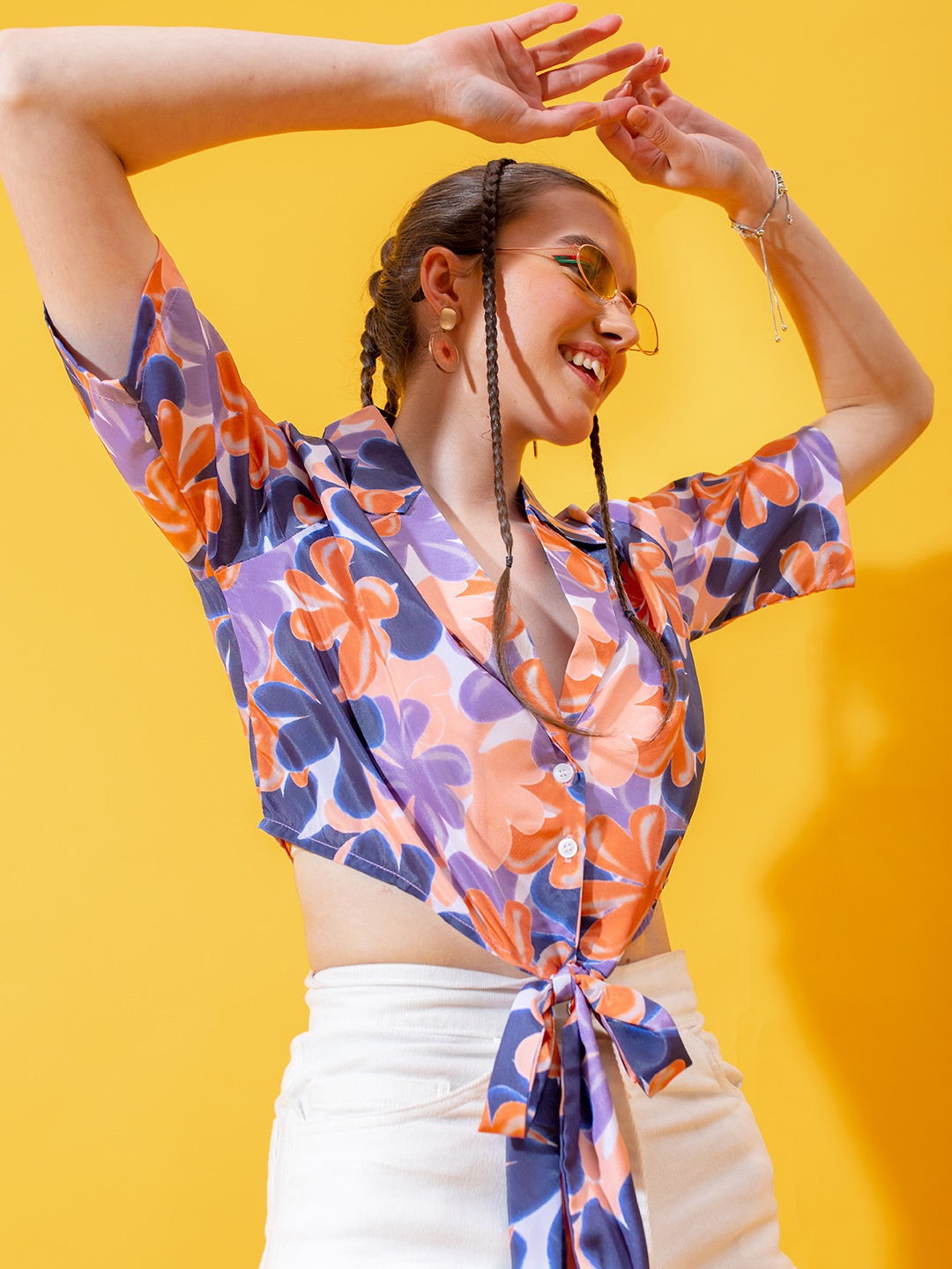 

Stylecast X Hersheinbox Floral Print Crepe Shirt Style Crop Top, Coral
