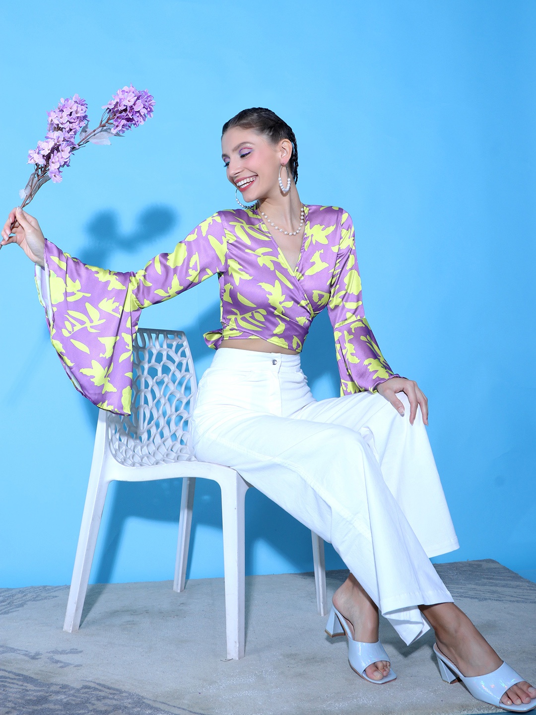 

Stylecast X Hersheinbox Printed Satin Finish Wrap Crop Top, Lavender