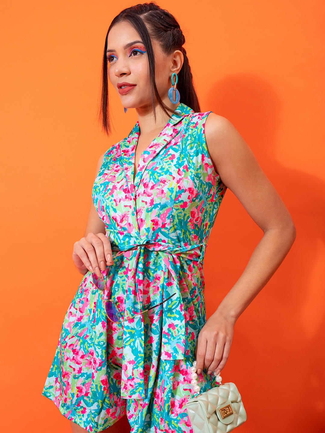 

Stylecast X Hersheinbox Floral Printed Belted Playsuit, Turquoise blue