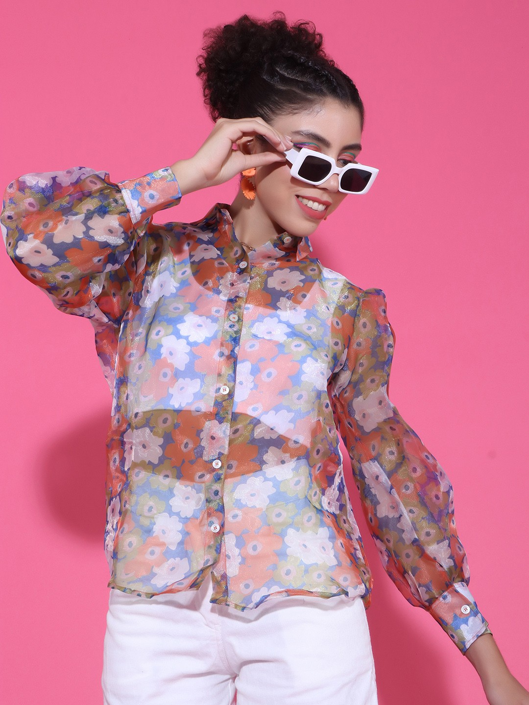 

Stylecast X Hersheinbox Women Premium Floral Printed Sheer Casual Shirt, Blue