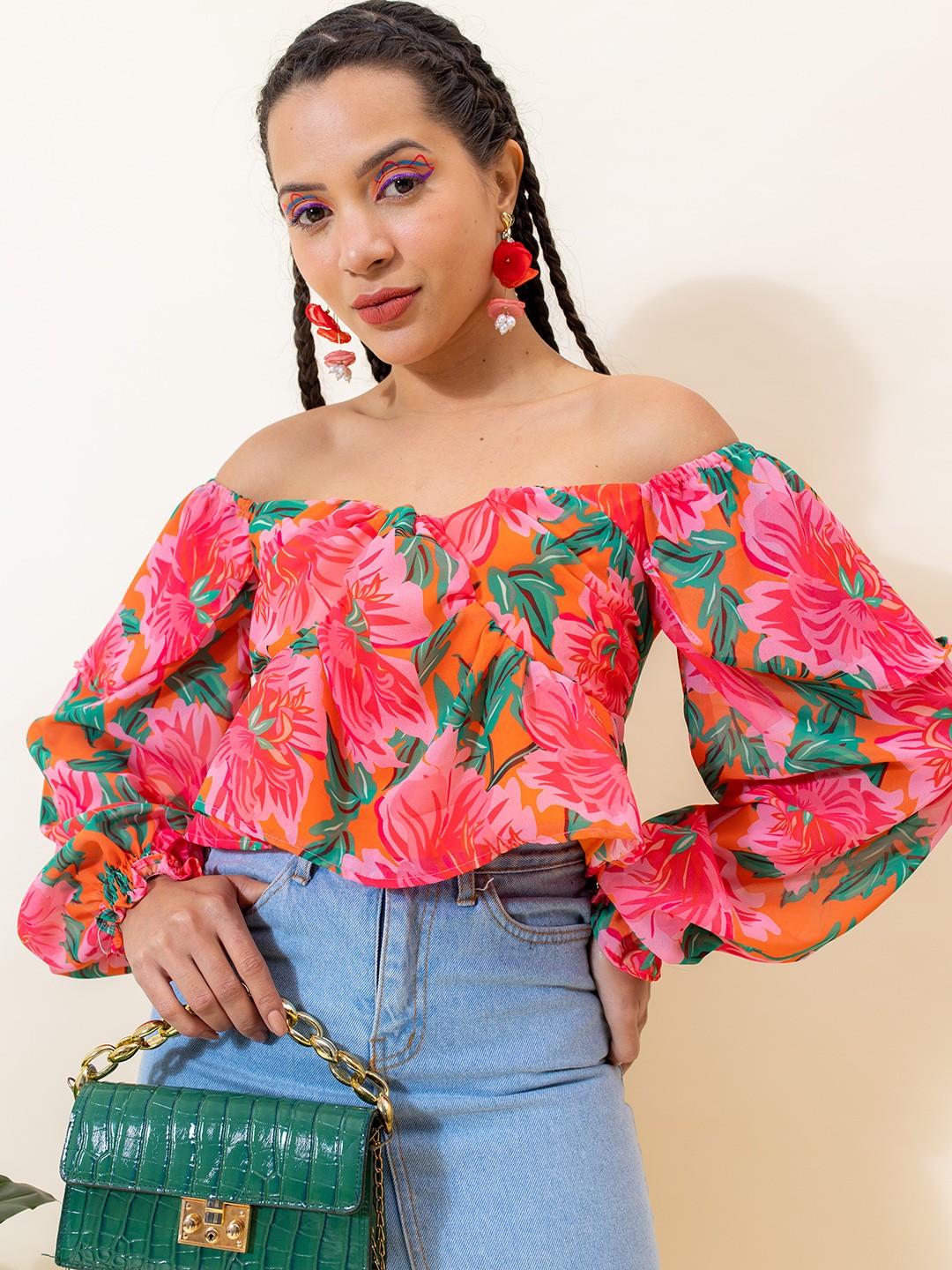 

Stylecast X Hersheinbox Off-Shoulder Bishop Sleeves Georgette Crop Top, Pink