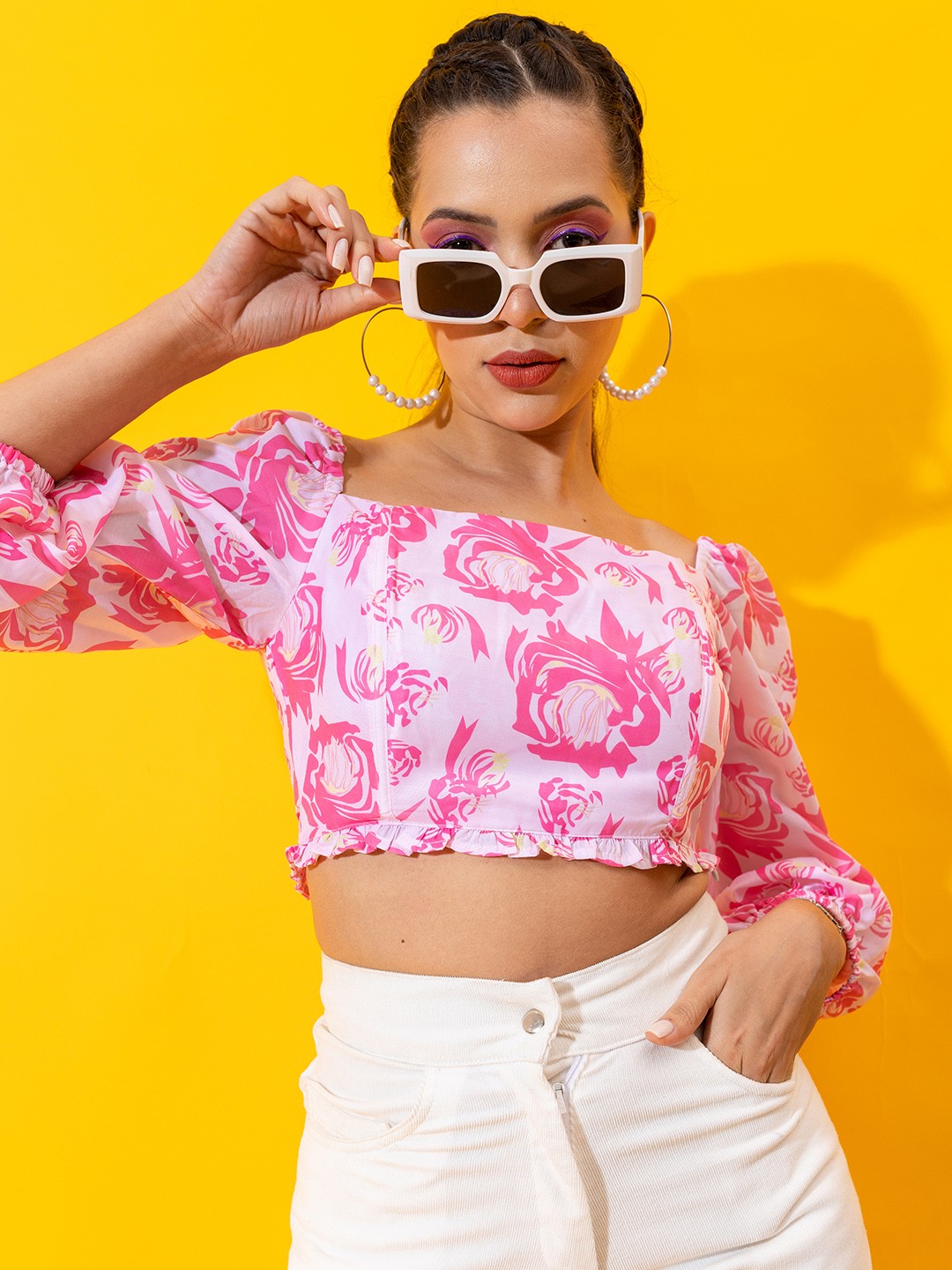 

Stylecast X Hersheinbox Puff Sleeves Floral Print Crop Top, Pink