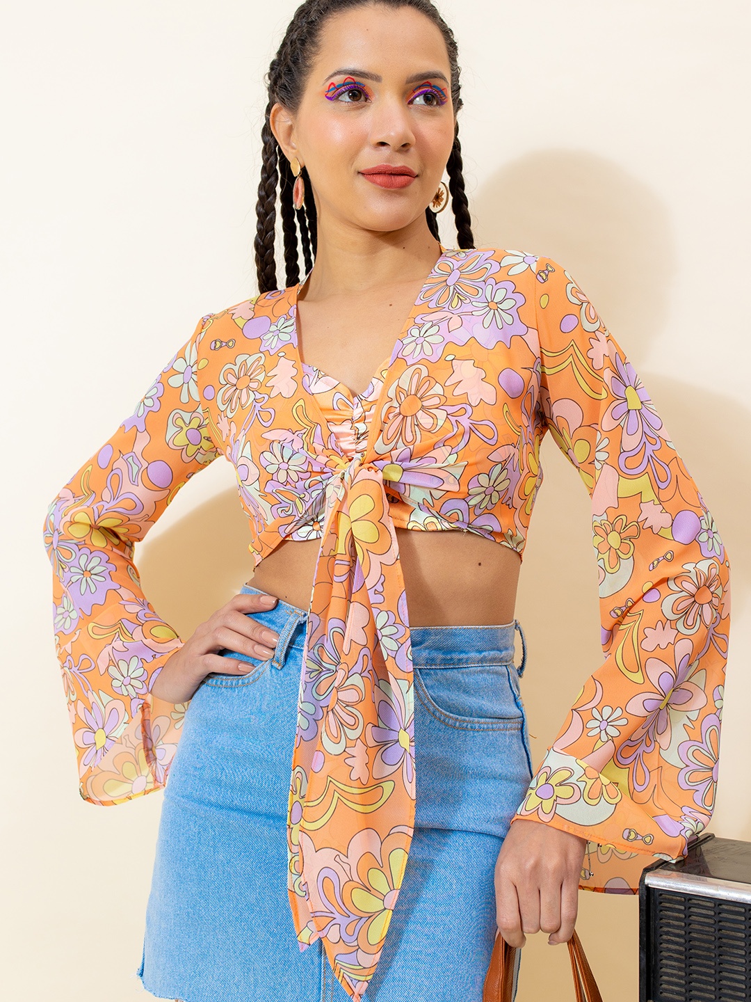 

Stylecast X Hersheinbox Floral Print Georgette Wrap Crop Top with Inner, Peach