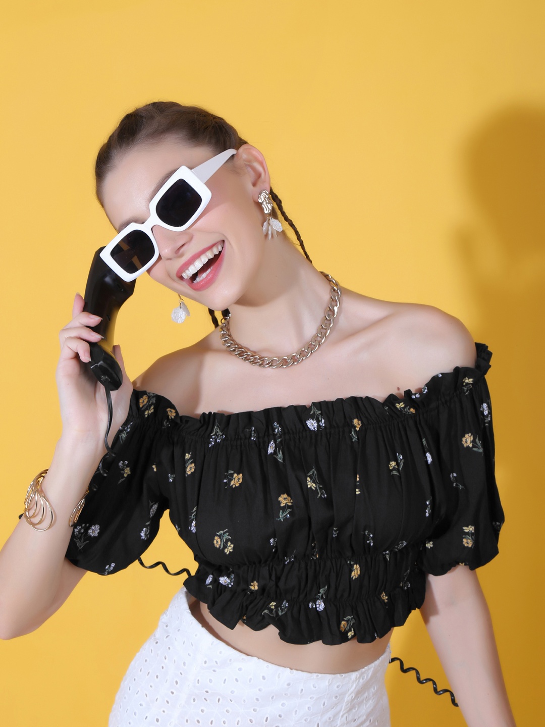 

Stylecast X Hersheinbox Floral Print Bardot Crop Top, Black