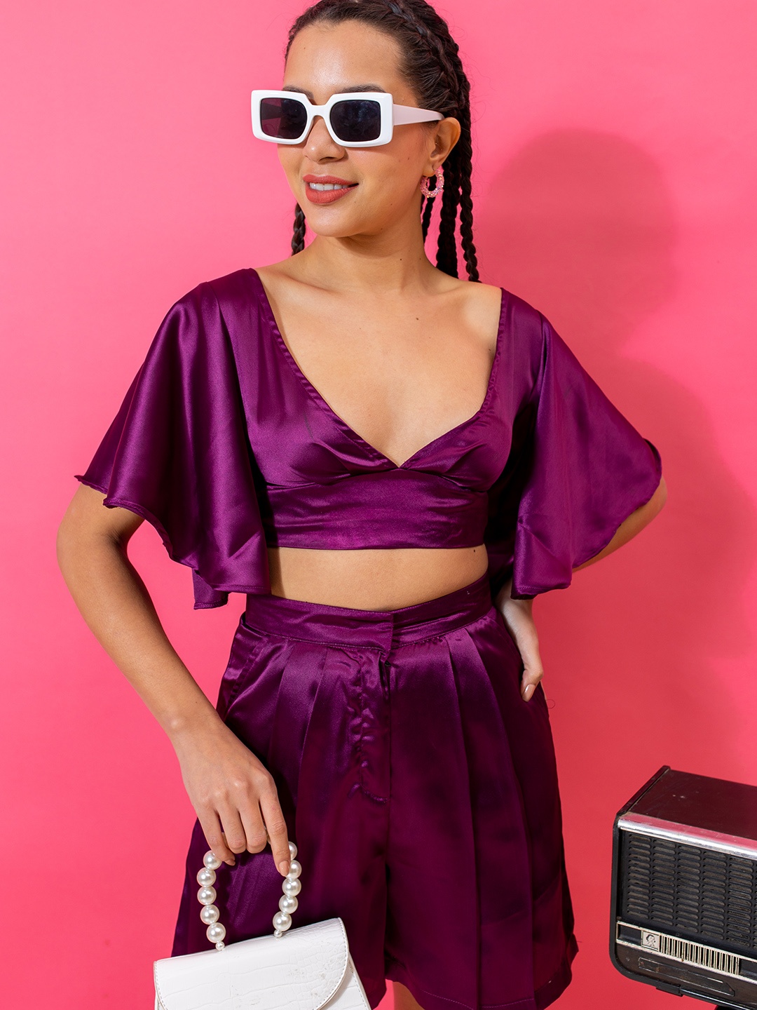 

Stylecast X Hersheinbox Women Satin Finish Flutter Sleeves Crop Top With Shorts, Magenta