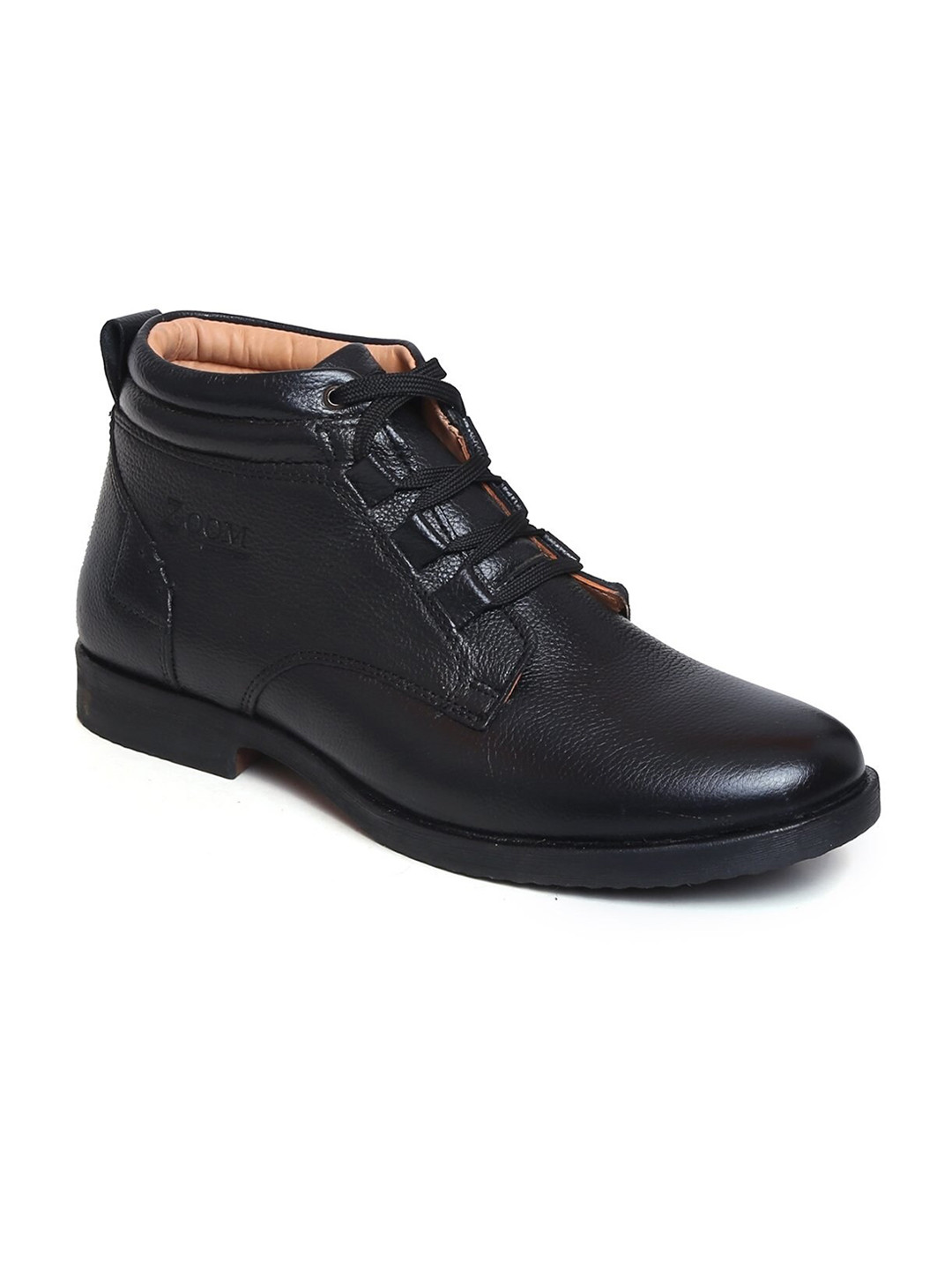 

Zoom Shoes Men Black Solid Leather Mid-Top Boots