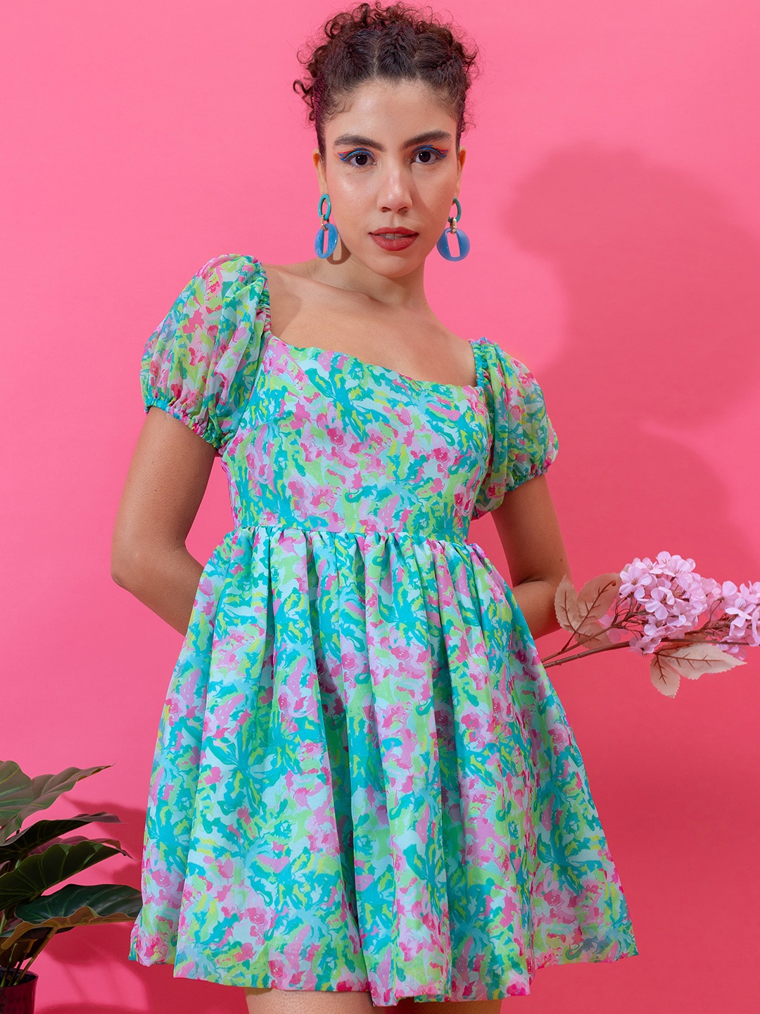 

Stylecast X Hersheinbox Printed Square Neck Fit And Flare Mini Dress, Turquoise blue