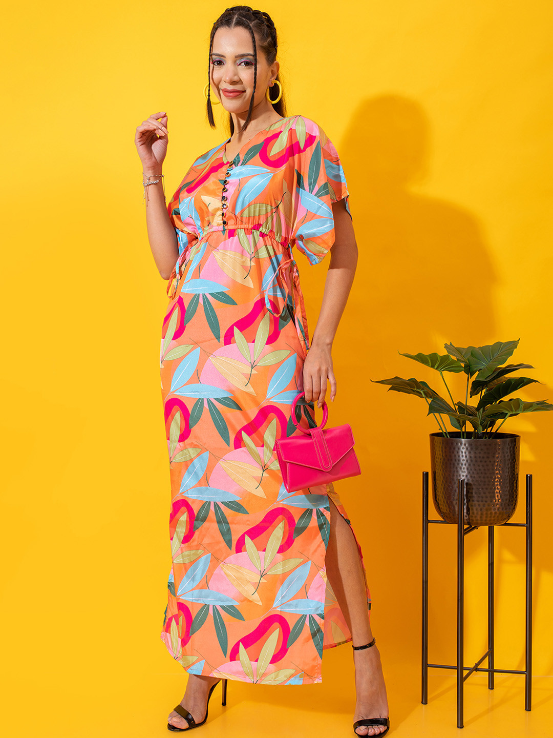 

Stylecast X Hersheinbox Extended Sleeves Tropical Crepe Empire Style Slited Maxi Dress, Multi