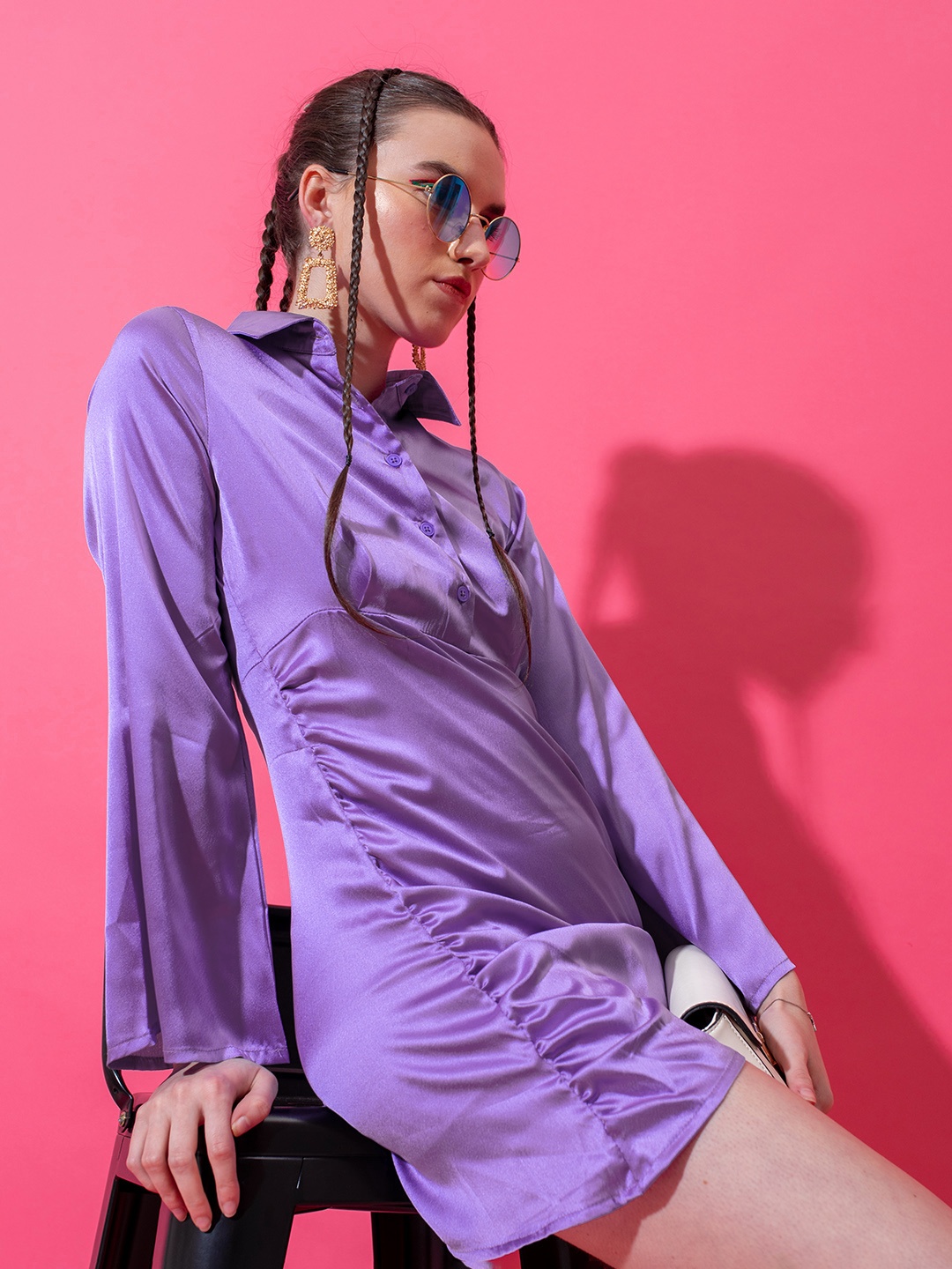 

Stylecast X Hersheinbox Flared Sleeve Ruched Satin Shirt Dress, Purple