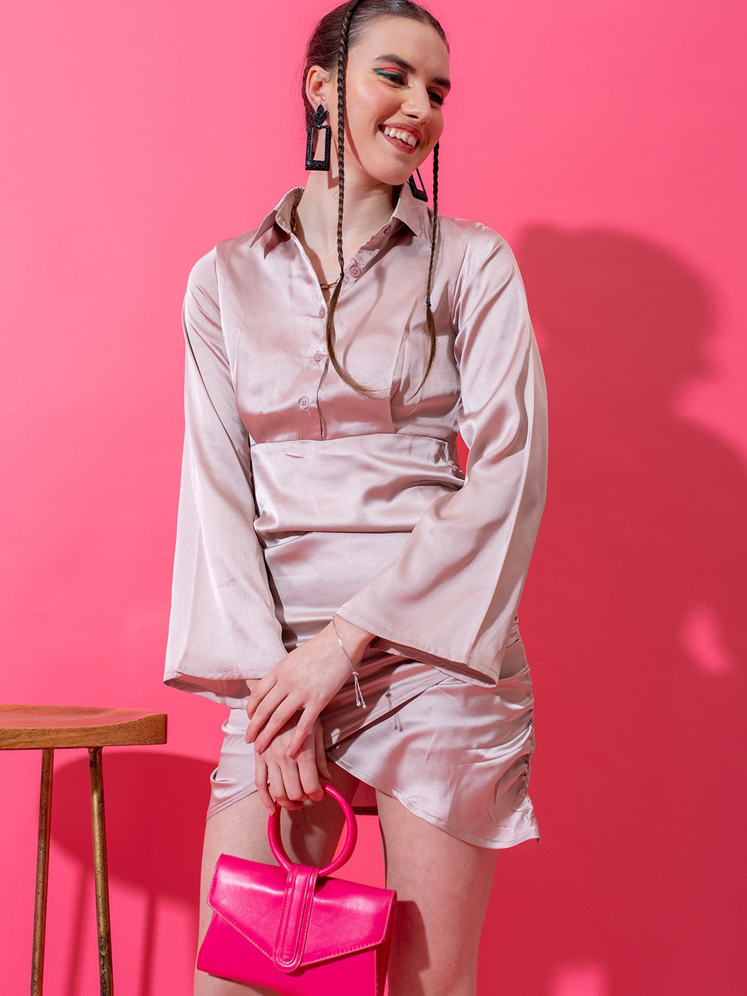 

Stylecast X Hersheinbox Flared Sleeve Ruched Satin Shirt Dress, Taupe