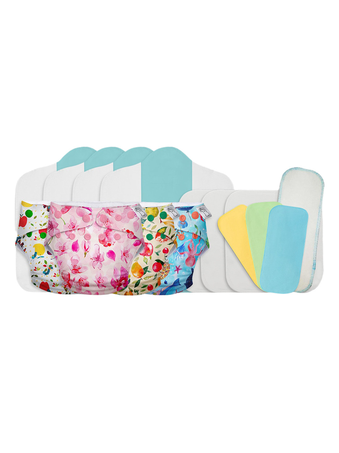 

SuperBottoms Infant Pack of 4 Freesize UNO, 3 Coloured Easy Clean Top Sheets (liners for cloth Sustainable Diapers), 3 Booster Pads and 1 Very Heavy Wetter Booster Pad (hemp insert), Pink
