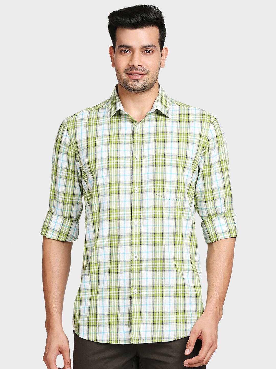 

ColorPlus Men Green Tailored Fit Checked Casual Shirt