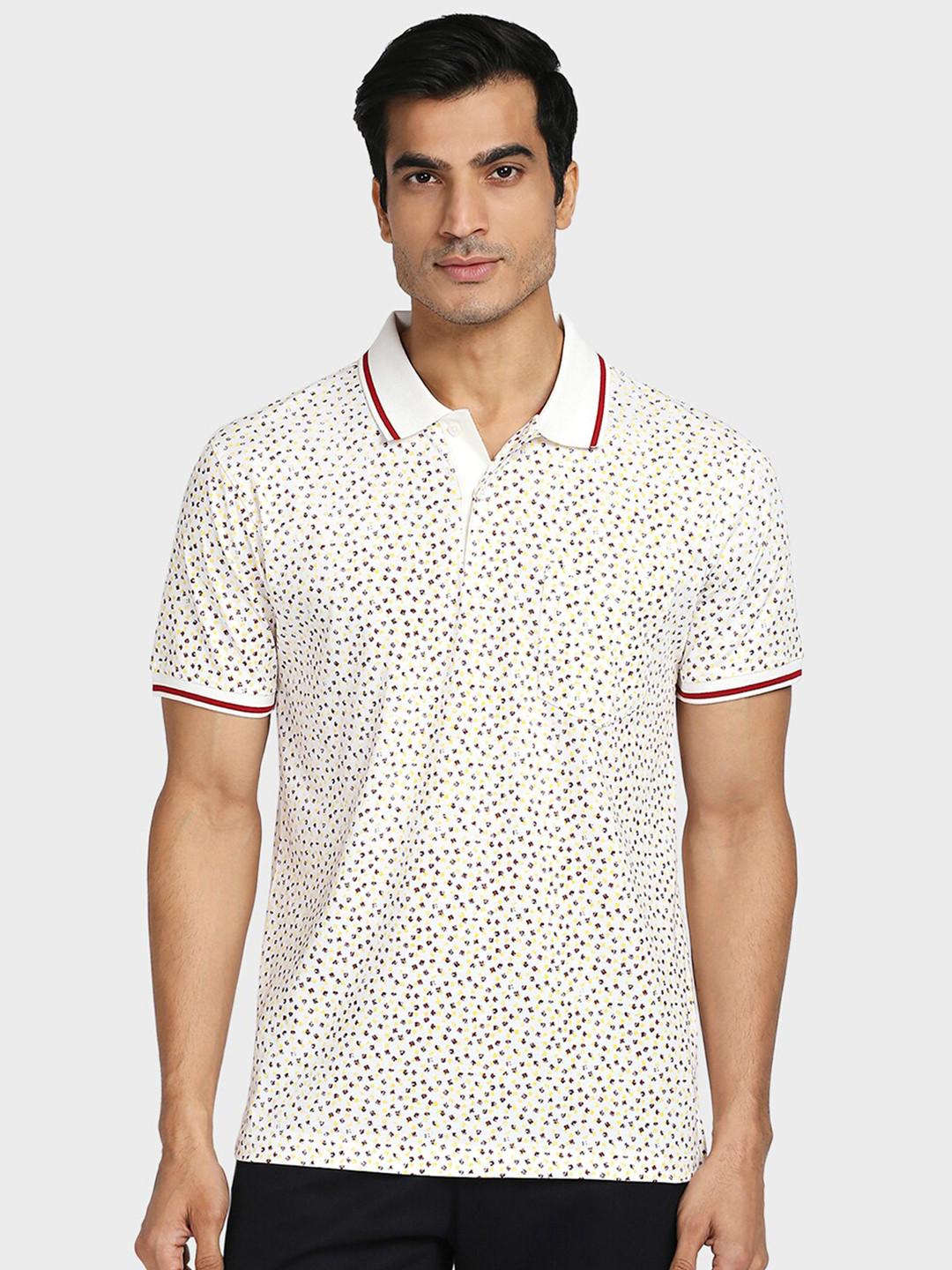 

ColorPlus Men White Cotton Printed Polo Collar T-shirt