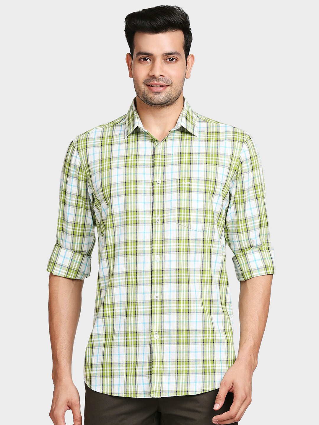 

ColorPlus Men Green Tailored Fit Checked Casual Shirt
