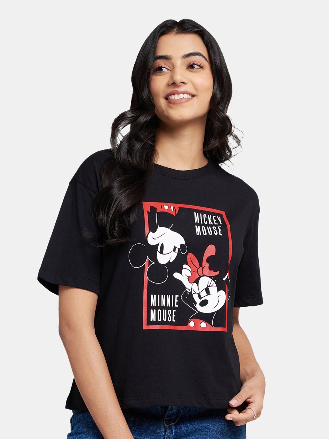 

The Souled Store Women Black Minnie & Mickey Print Oversized T-Shirt
