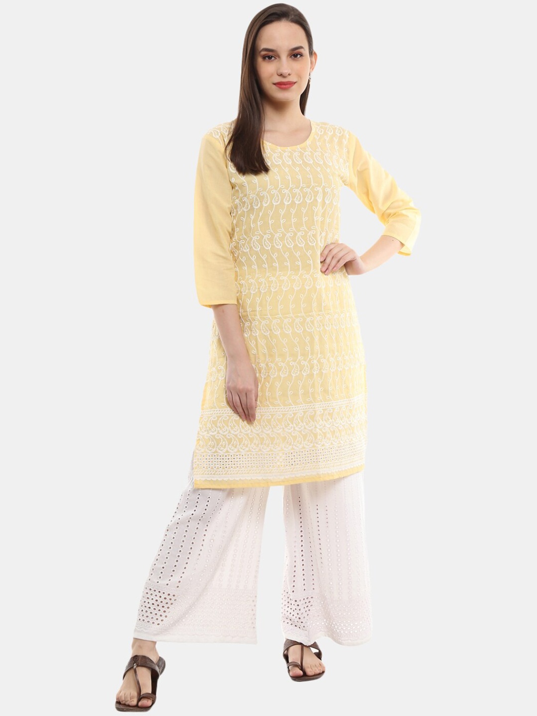 

Desi Mix Women Yellow Paisley Embroidered Cotton Kurta