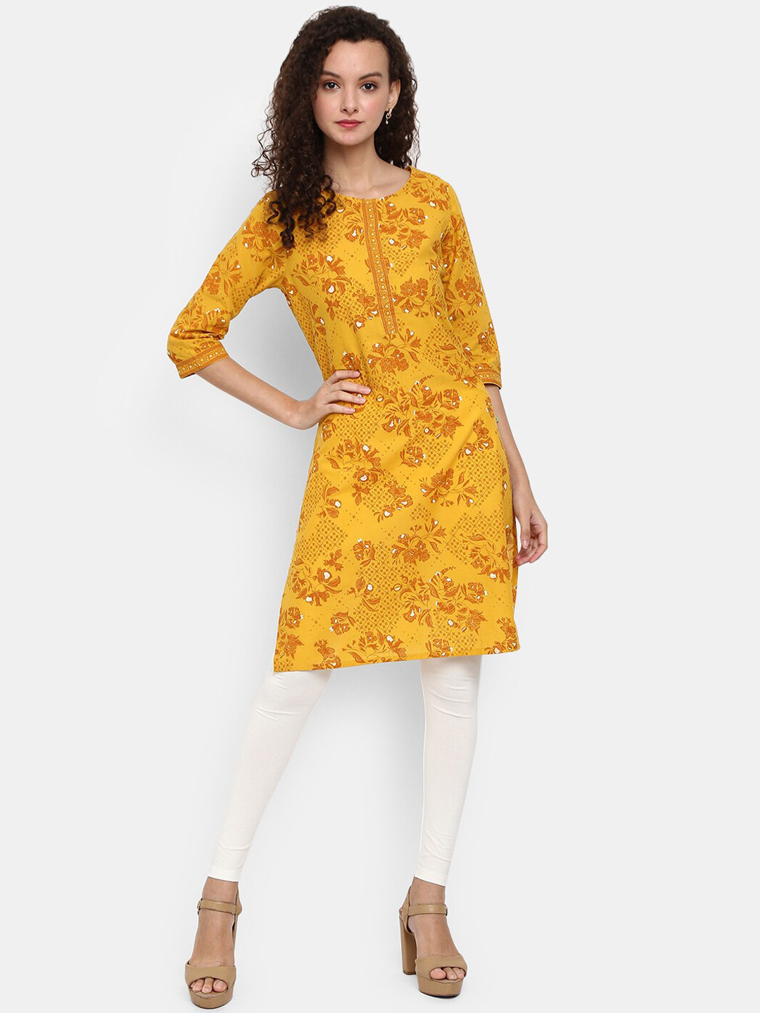 

Desi Mix Women Mustard Yellow Floral Printed Kurta