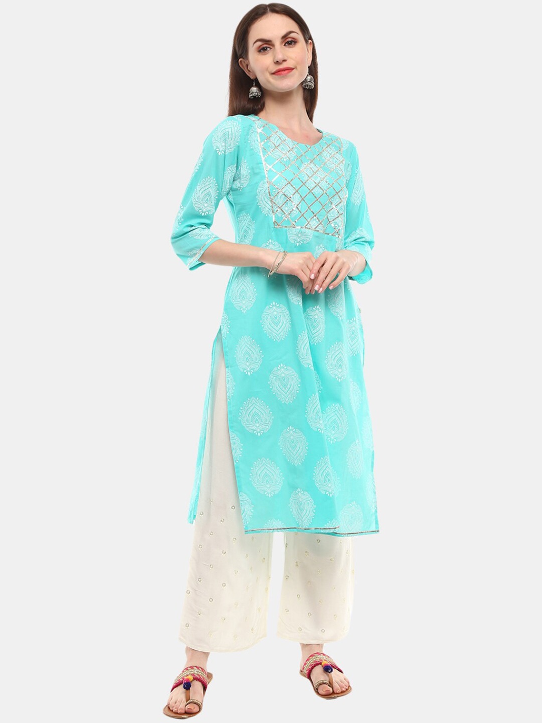 

Desi Mix Women Green & White Ethnic Motifs Printed Gotta Patti Kurta