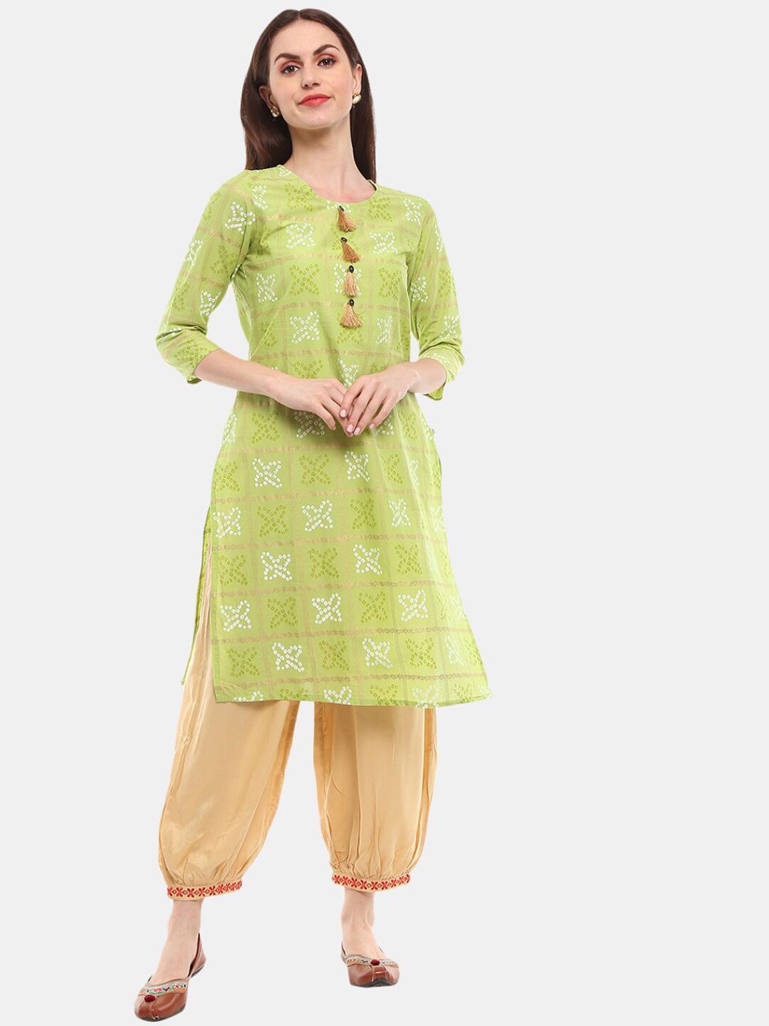 

Desi Mix Women Ethnic Printed Cambric Round Neck Kurta, Green