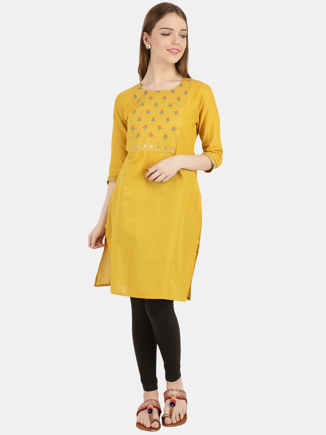 

Desi Mix Women Yellow Embroidered Round Neck Mirror Work Kurta