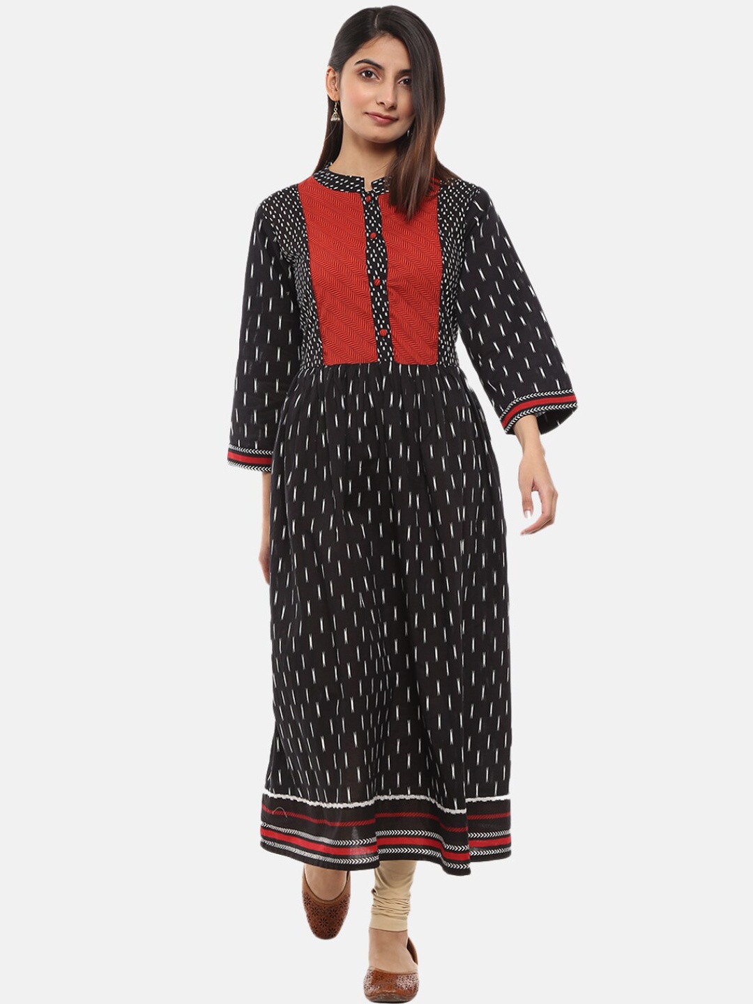 

Desi Mix Women Black & Red Yoke Design Mandarin Collar Cotton Kurta