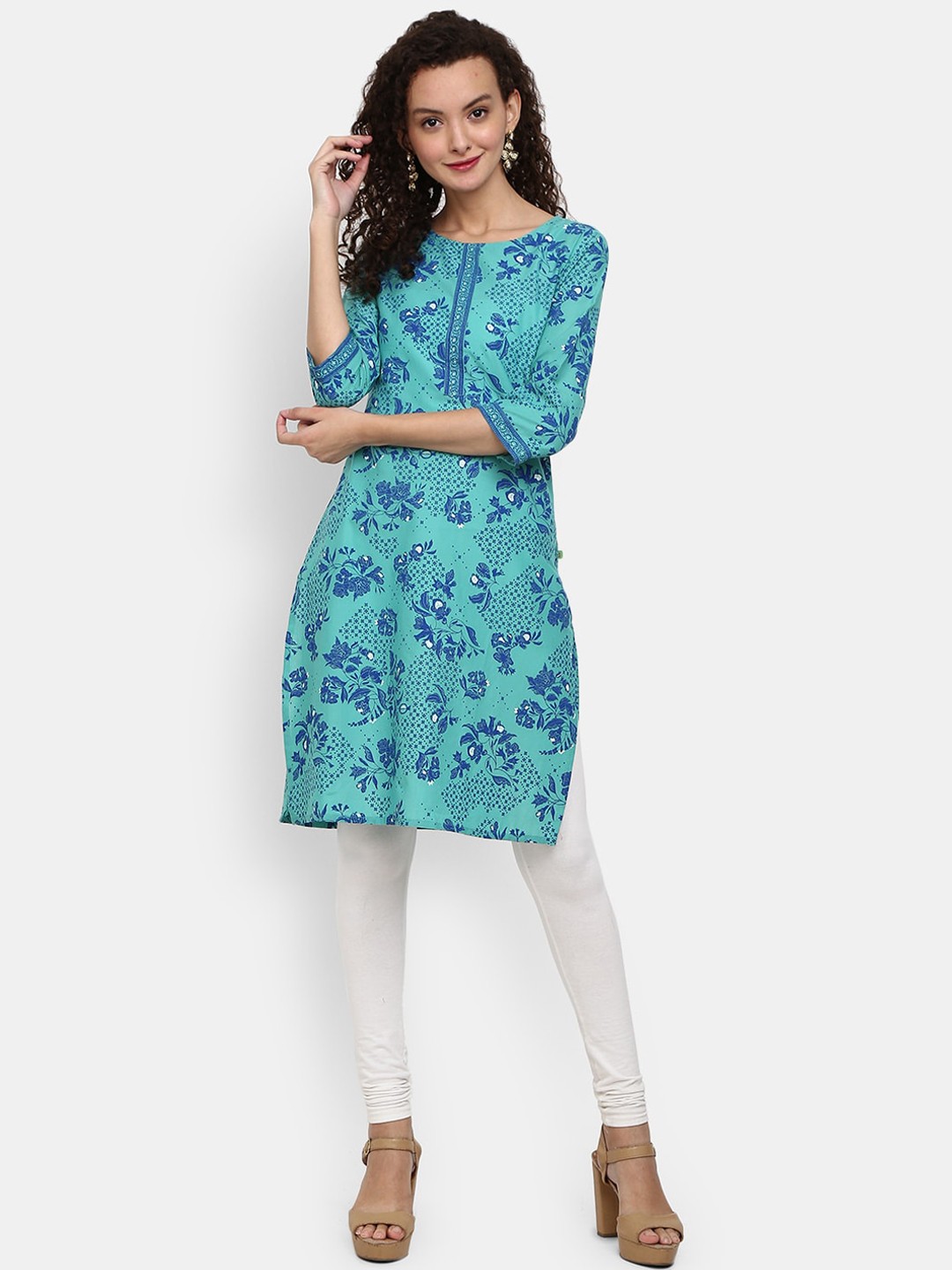 

Desi Mix Women Teal Floral Printed Kurta