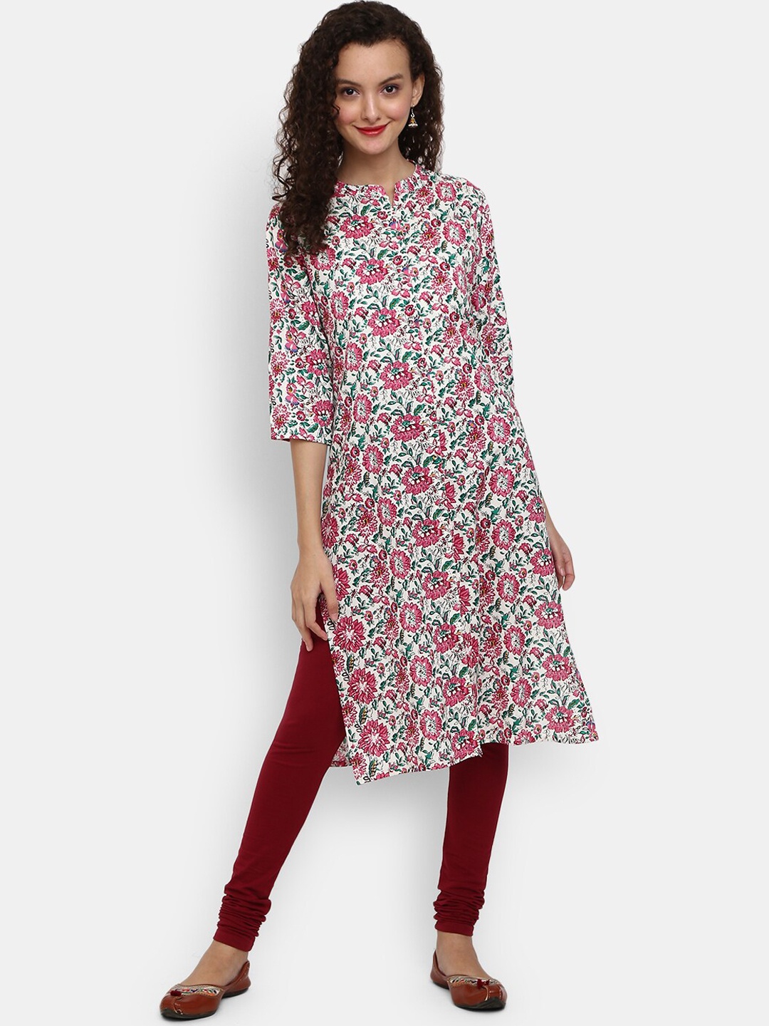 

Desi Mix Women White & Pink Floral Printed Kurta