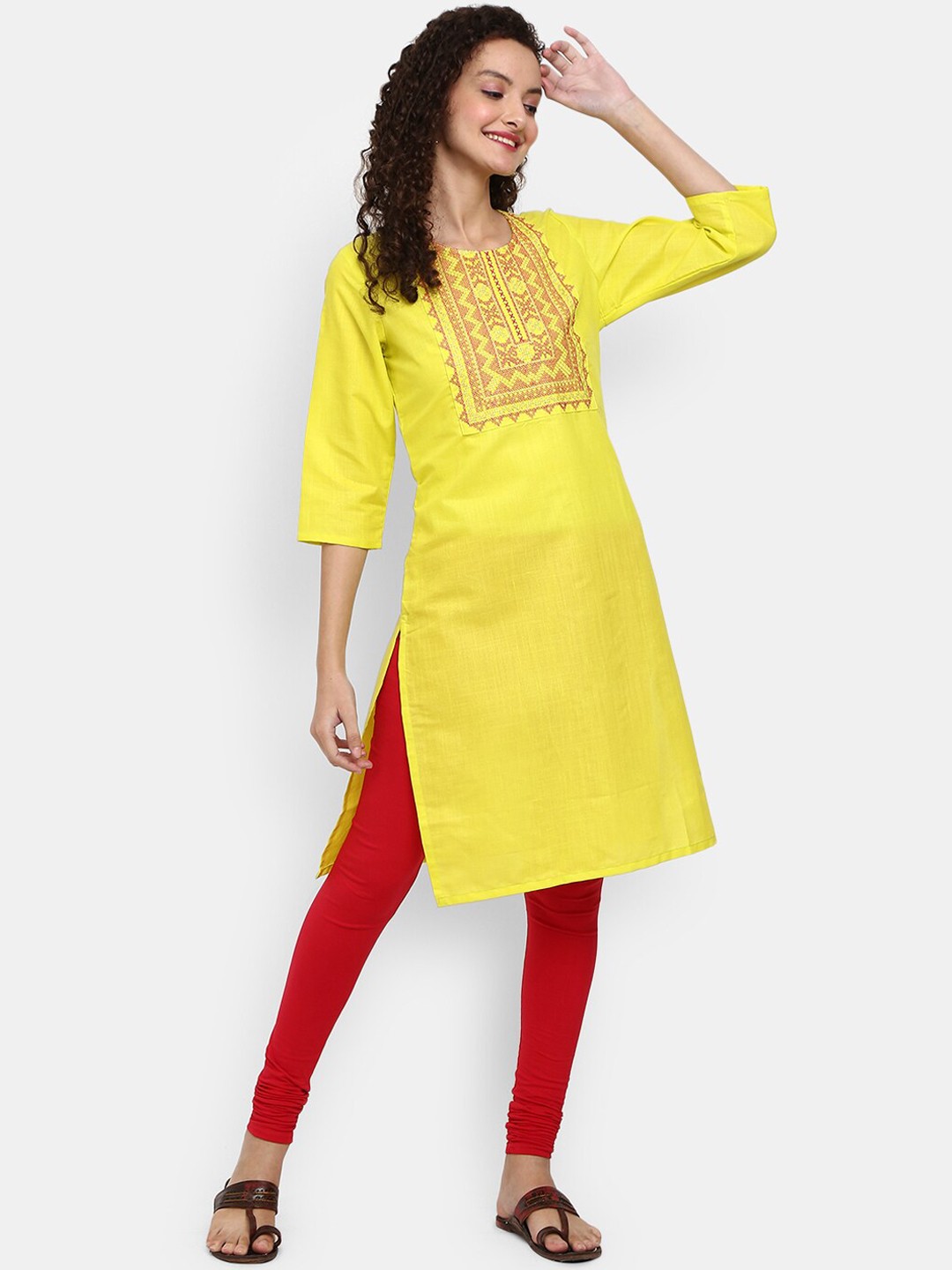 

Desi Mix Women Lime Green Yoke Design Round Neck Straight Kurta