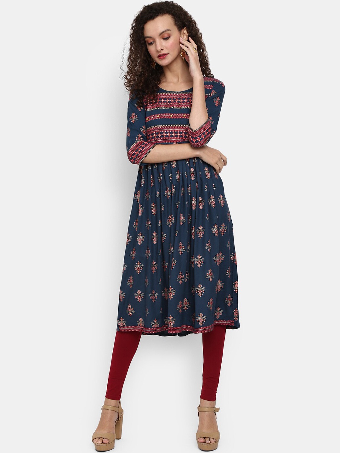 

Desi Mix Women Navy Blue & Red Ethnic Motifs Printed Kurta