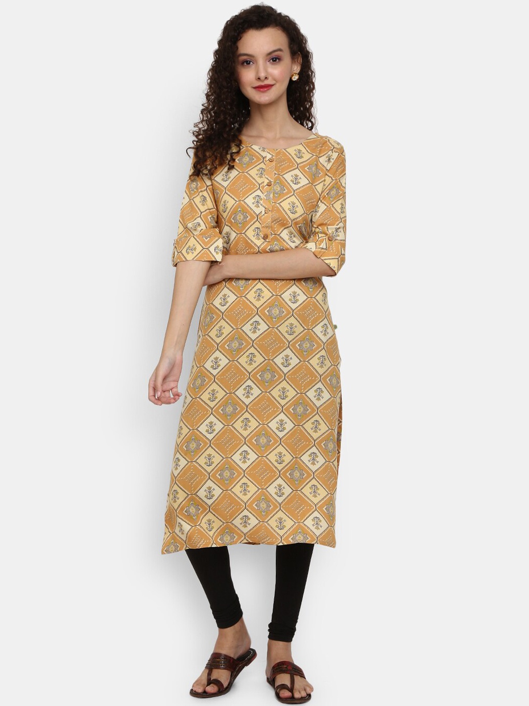 

Desi Mix Women Yellow Geometric Printed Rayon Kurta